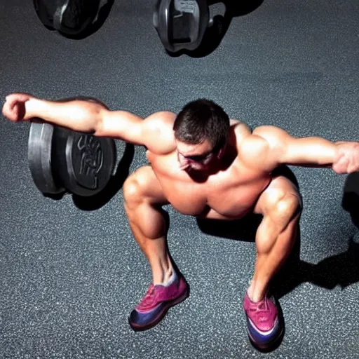 Prompt: muscular tardigrade at the gym, fat and strong, multiple arms lift many weights