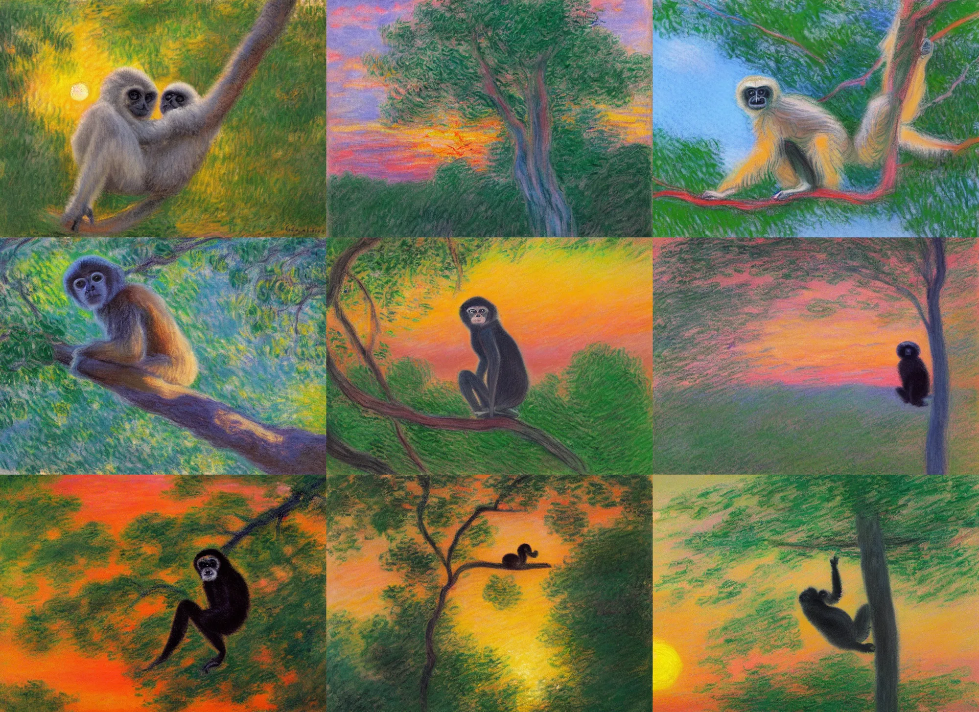 Prompt: cute gibbon in a tree at sunset. impressionist painting, pastel, claude monet