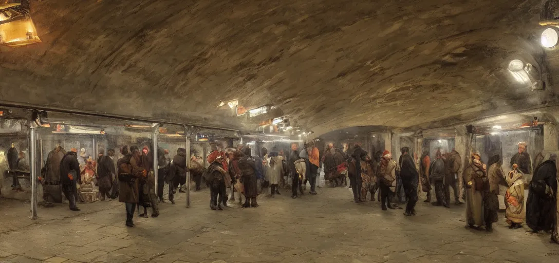 Image similar to market in an underground subway track by eugene von guerard, ivan shishkin, dramatic lighting, concept art, trending on artstation