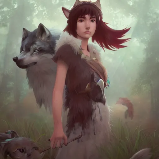 Prompt: Princess Mononoke and Moro the wolf, portrait by loish and WLOP, octane render, dark fantasy, trending on ArtStation