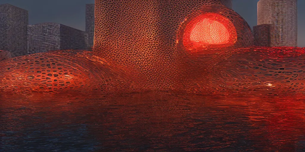 Image similar to An epic architectural rendering of a blob shaped trypophobia house with a mysterious red glow emitting from inside in a modern cityscape next to a river, stunning, gorgeous, golden ratio, photorealistic, featured on artstation, 4k resolution