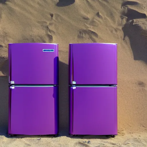 Prompt: purple refrigerator on a beach, 4k photo