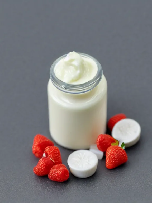 Image similar to 3 5 mm detailed miniature diorama of plastic jar of yogurt filled with fruits