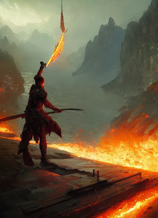 Image similar to 4k , fire sword, art by greg rutkowski, art by craig mullins, art by thomas kincade, art by Yoshitaka Amano