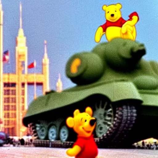 Image similar to grainy photo of winnie the pooh in tiananmen square, tanks