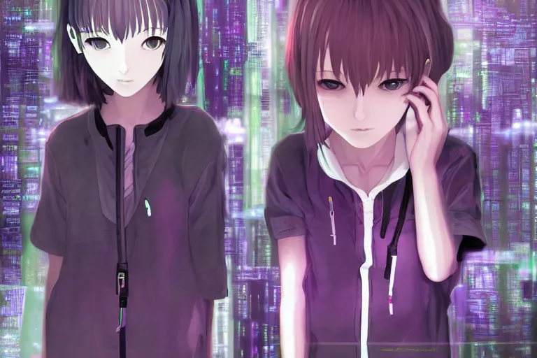 Image similar to serial experiments lain, teen girl, wired landscape, cyberpunk, volumetric lighting, photo realistic, digital art, anime background, violet colour palette, very detailed faces, art by range murata and yasuyuki ueda