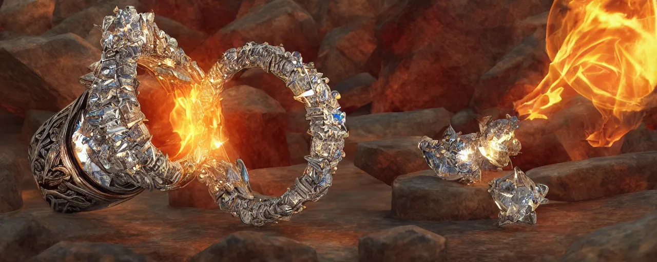 Image similar to magic crystal ring, fire, flames, crystal, engravings, diamonds, product design, art by gerald brom, greg rutkowski and artgerm, photo realism, unreal engine, c 4 d