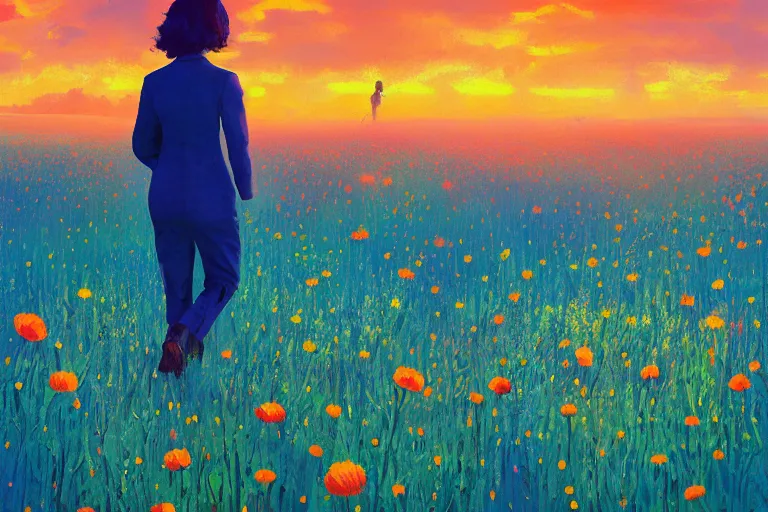 Prompt: closeup, giant flower head, girl in suit walking in field of flowers, surreal photography, sunrise, blue sky, dramatic light, impressionist painting, digital painting, artstation, simon stalenhag