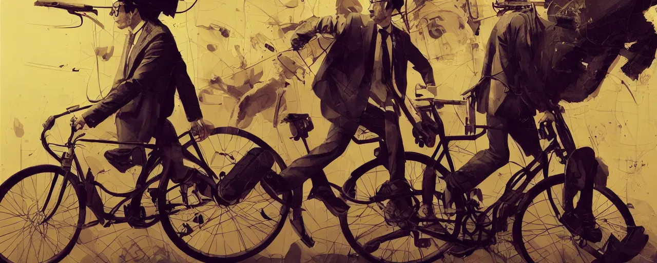 Image similar to duotone noir concept illustration 3 / 4 portrait of dr. albert hofmannn taking a trip on a bicycle. cinematic scene. vlumetric lighting. golden rario accidental renaissance. by sachin teng and sergey kolesov and ruan jia and heng z. graffiti art, scifi, fantasy, hyper detailed. octane render. concept art. trending on artstation