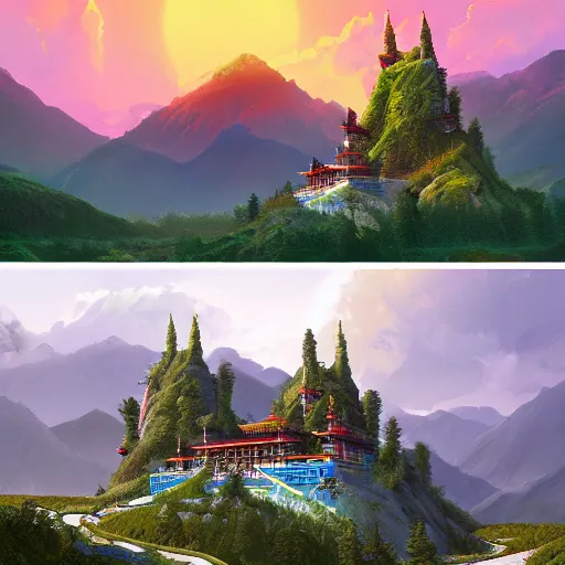 Image similar to tibetan palace carved into a mountain side, big green trees, colorful clouds, dramatic lighting, artstation, matte painting, raphael lacoste, simon stalenhag, frank lloyd wright