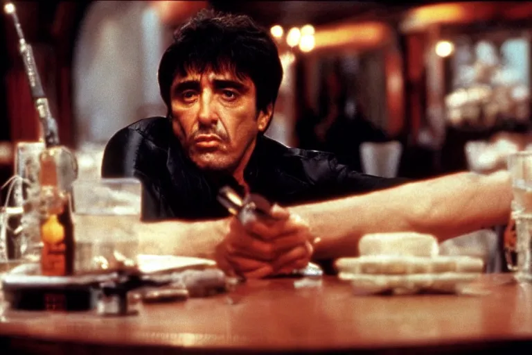 Image similar to medium shot. tony montana from movie scarface 1 9 8 3. staying with m 1 6 riffle. table with cocaine in background. al pacino. perfect symmetric face, coherent eyes, fine details, 4 k, ron cobb. cinestill