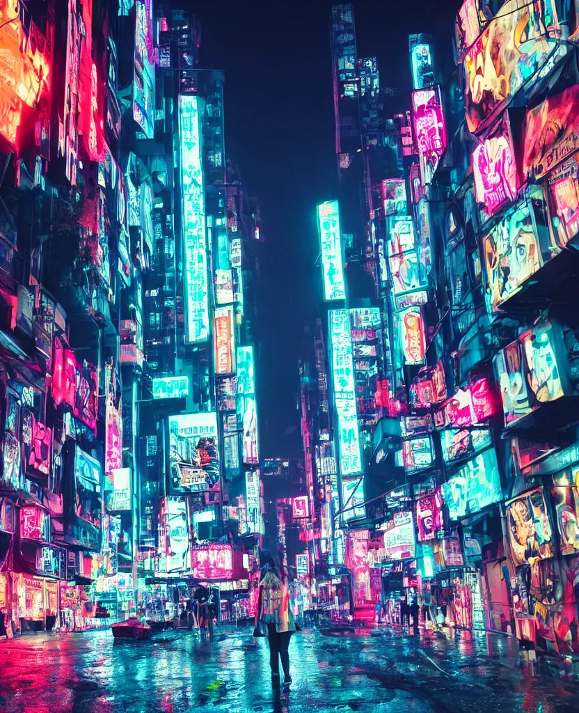 Prompt: cyberpunk city at night, night clubs and neons, rain, camera high, girl under lantern