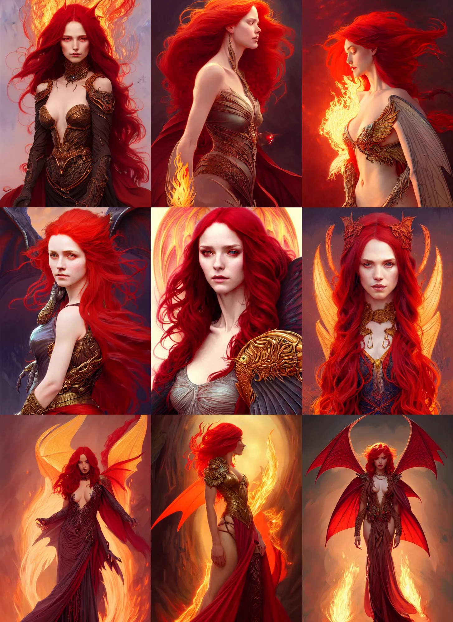 Prompt: portrait of sorceress, dragon winged cloak, red hair, fantasy, fire!! full body, intricate, elegant, highly detailed, digital painting, artstation, concept art, smooth, sharp focus, illustration, art by artgerm and greg rutkowski and alphonse mucha