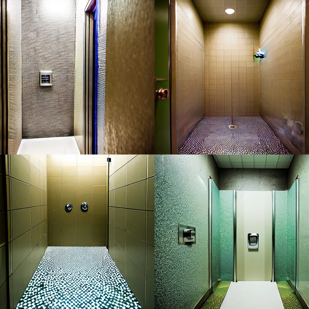 Prompt: carpeted public bathroom shower with saturation, liminal space, award - winning photograph