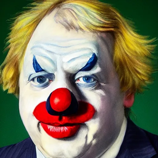 Prompt: a highly detailed fine art portrait of british prime minister boris john wearing a clown costume. in the style of edward hopper, richard hamilton and stanley kubrick.