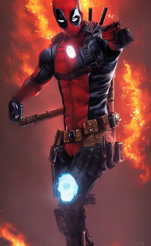 Image similar to deadpool as ghost rider, dynamic lighting, photorealistic fantasy concept art, trending on art station, stunning visuals, terrifying, creative, cinematic