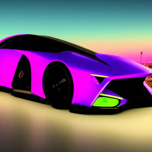 Image similar to neon synthwave f 1 2 2 concept car, at sunset, 8 k. filling most of the view
