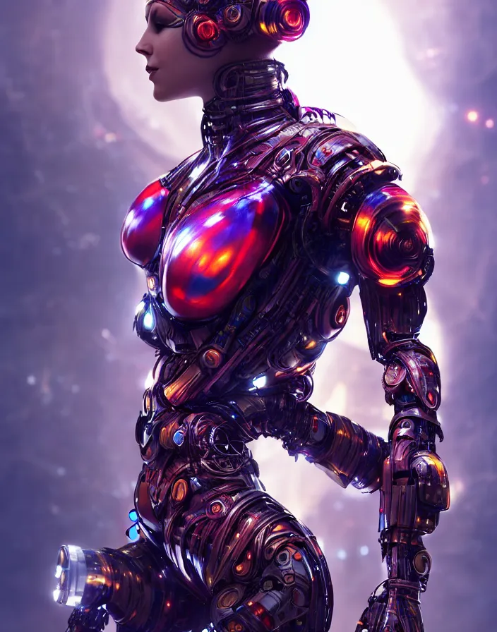 Image similar to full lenght shot, super hero pose, woman in biomechanical dress, inflateble shapes, wearing epic bionic cyborg implants of different colors, masterpiece, intricate, biopunk futuristic wardrobe, highly detailed, artstation, concept art, background galaxy, cyberpunk, octane render