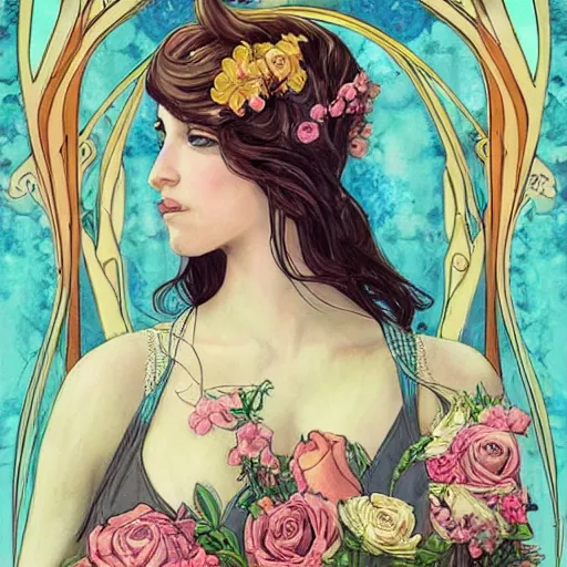 Image similar to epic portrait of the most beautiful women holding each other, surrounded by soft florals, concept art, art nouveau style, tarot card, high detail, realistic anatomy, beautiful