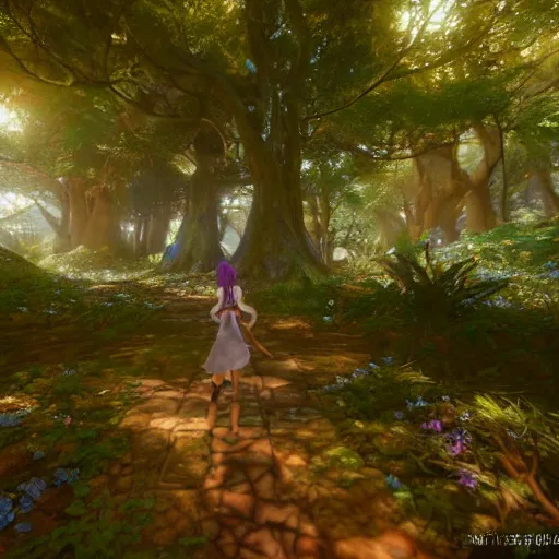 Image similar to Walking through a magical forest filled with fairies, Tales of Arise styled, pixar and disney, studio ghibli sharp , rendered in unreal engine, anime, dramatic, volumetric lighting
