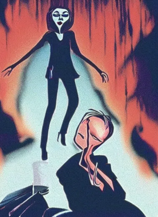 Image similar to a cinematic still from Scream (1996) as an animated Disney movie from 1993, highly detailed