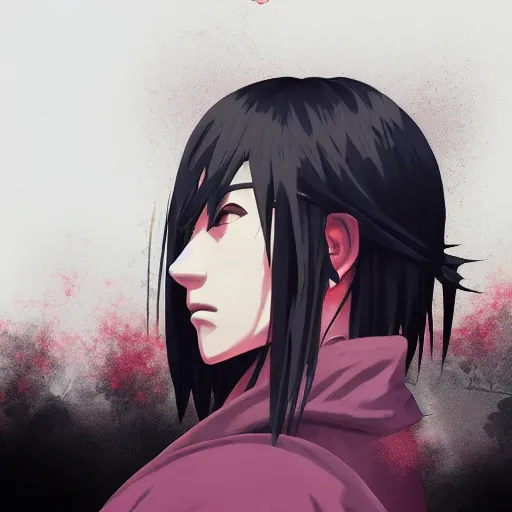Prompt: side profile centered painted portrait, itachi uchiha, crazy, d & d, gloomhaven, matte painting concept art, art nouveau, beautifully backlit, swirly vibrant color lines, fantastically gaudy, aesthetic octane render, 8 k hd resolution, by ilya kuvshinov and cushart krentz and gilleard james