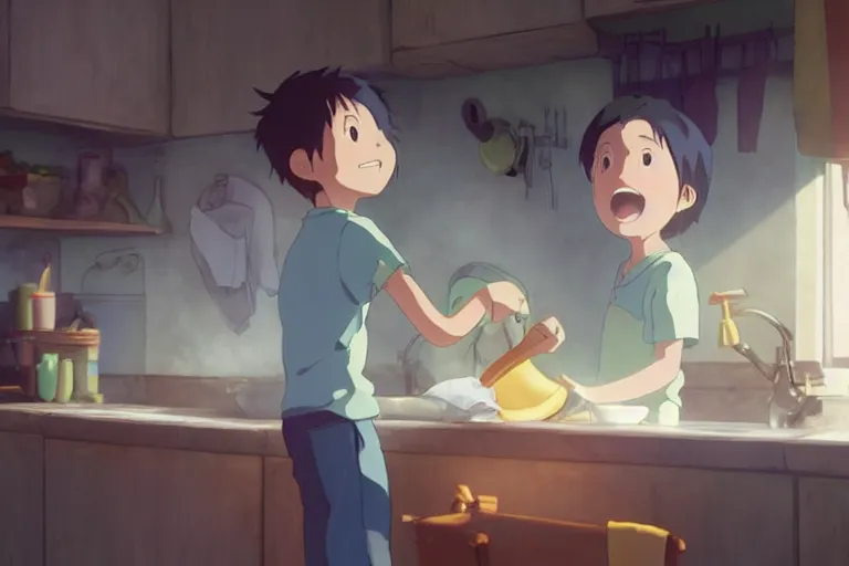 Image similar to a wholesome animation key shot of a boy and his sister washing dishes, medium shot, waist up, studio ghibli, pixar and disney animation, sharp, rendered in unreal engine 5, anime key art by greg rutkowski, bloom, dramatic lighting