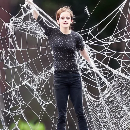 Image similar to emma watson suspended from and stuck in a giant spider web