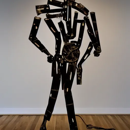 Prompt: a contemporary art sculpture of a tall man running with long arm and a big head, in the style of jean tinguely, made of intricate metal and wood, thick paint, intricate, dirty, leds, indoor, studio lighting, hyper realistic, detailed, 8 k