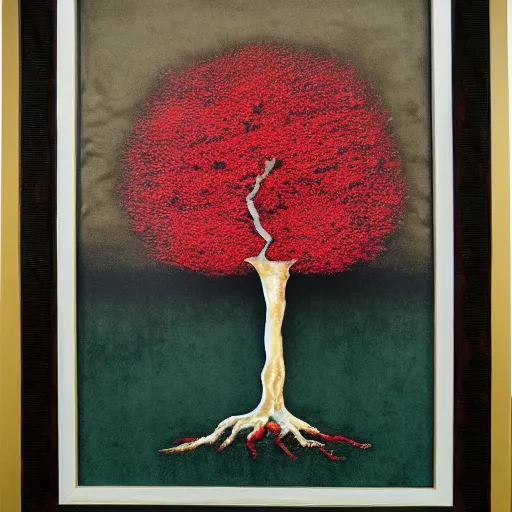 Image similar to tree made of velvet, velvet art, etching, velvet etching, velvet tree, red velvet material