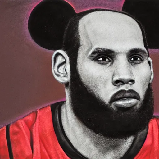 Prompt: facial portrait of lebron james, lebron james dressed as mickey mouse, disney, oil on canvas by william sidney mount, digital art, award winning