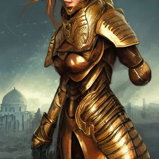 Image similar to portrait knights of Zodiac girl, golden and copper armor, in ruined Agora of Athens, ssci-fi, fantasy, intricate, very very beautiful, elegant, highly detailed, digital painting, artstation, concept art, smooth, sharp focus, illustration, art by tian zi and WLOP and artgerm