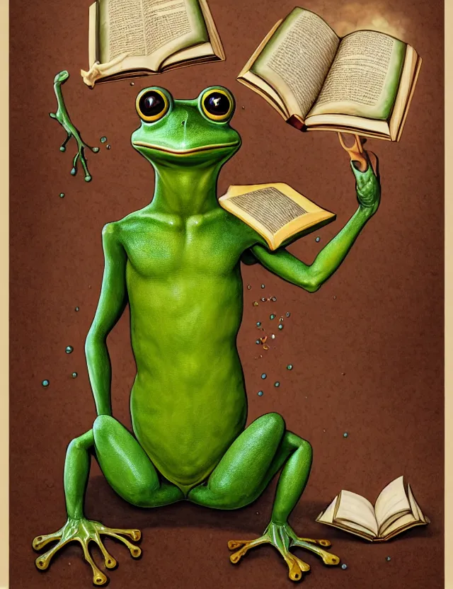 Prompt: anthropomorphic bipedal frog that is dressed as a medieval librarian, and holding a giant book, as a matte oil painting, d & d character reveal, by alex grey, standing, fullbody, floating bubbles, loose papers, fog, mystic, bright, concept art, award - winning, extremely detailed, sharp focus