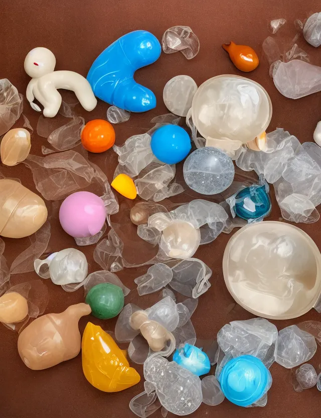 Prompt: a well - lit studio photograph of various earth - toned plastic toys floating in a kidney - shaped bowl of water, some wrinkled, some long, various sizes, textures, and transparencies, beautiful, smooth, detailed, inticate