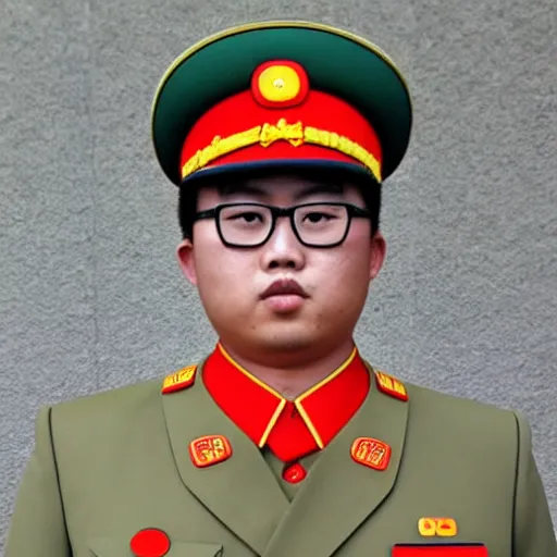 Image similar to professional photograph of asian andy wearing a north korean military uniform, 8 k, very intricate, very detailed,