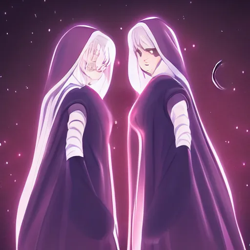 Image similar to two identical female nuns outside at night, viewed from above, clean detailed anime art