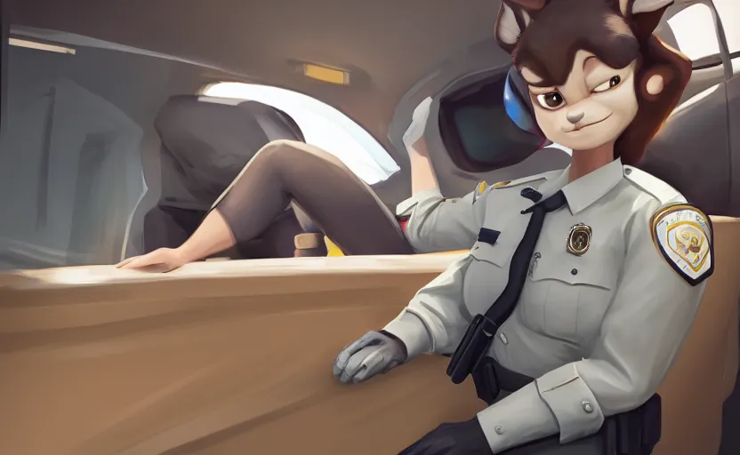 Prompt: a furry human - like dressed policewoman sleeping on duty in the police car, artstation hq, stylized, symmetry, modeled lighting, expressive, studio photo refined, highly detailed, hyper realistic, furry, sense of awe, zootopia style