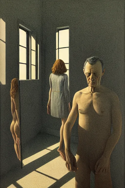 Image similar to man and woman, in the void, by the mirror, station, james gillard, zdislav bexinski, high detail alex colville, otto mueller, stephen conroy, andrea kowch, andrew newell wyeth, daniel meidman jussi picho octane rendering