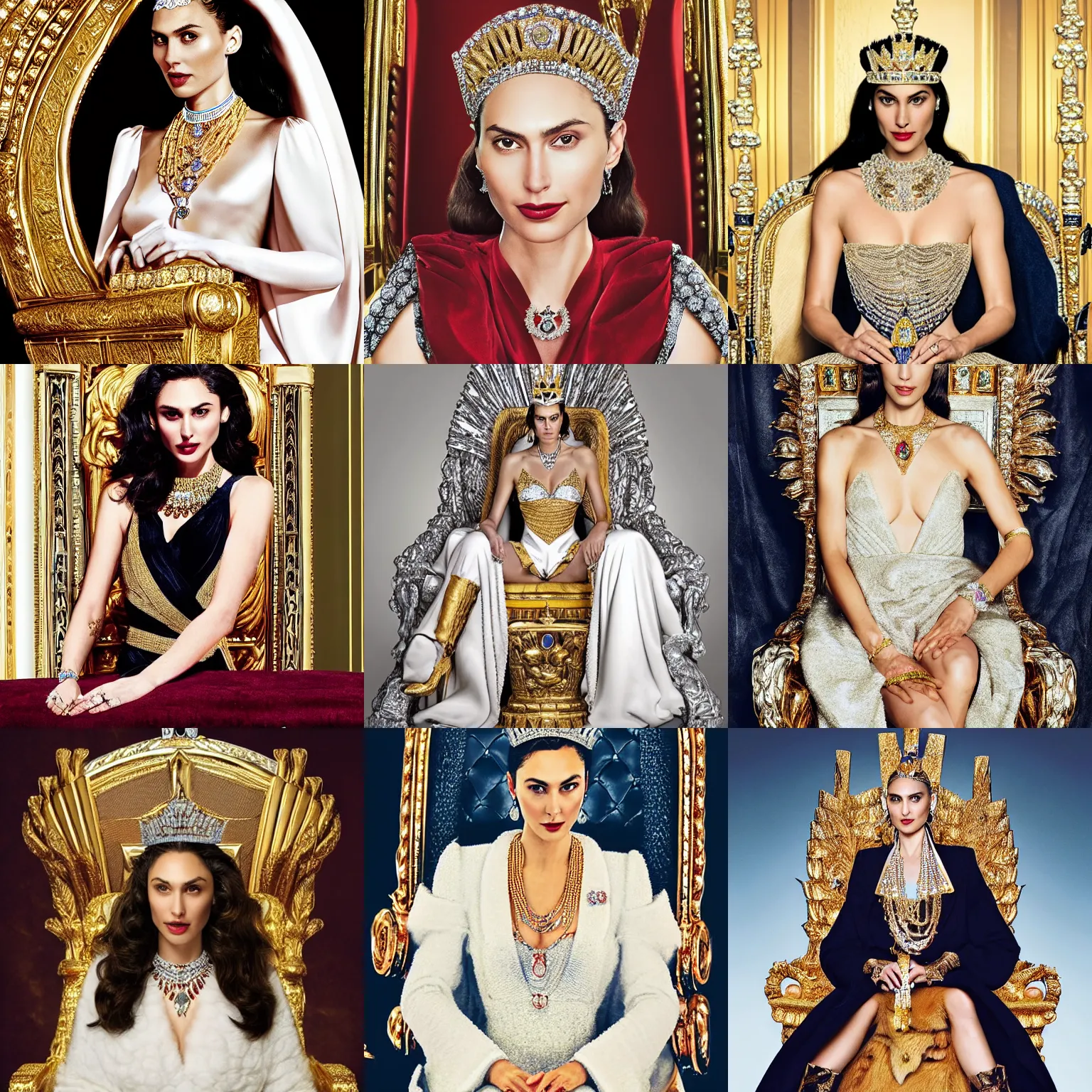 Prompt: photo of gal godot sitting on queens throne royalty wearing royal mantle gold jewelry diamonds pearls jewels by alex ross