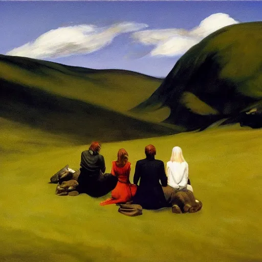 Prompt: the fellowship of the ring, painted by edward hopper, 4 k