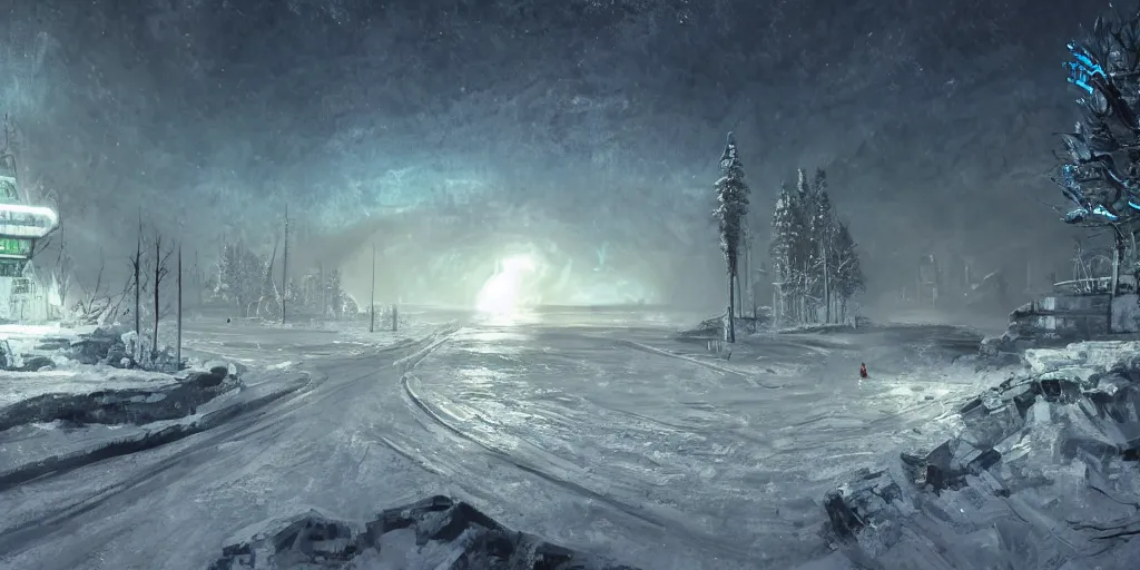 Prompt: Concept art. The Borealis from Half Life. Winter landscape. Cold. Frozen. Realistic. Extremely detailed. 4K.