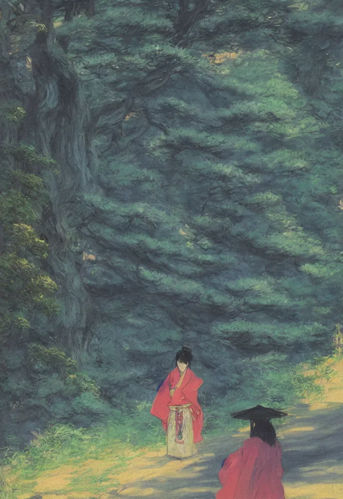 Prompt: yokai in front of a japanese temple in the mountain. gorgeous epic nature, lofi, vivid colors, amazing light, by jeremy lipkin, by claude monet, heavily inspired by makoto shinkai, kandinsky touches, inspired by ghibli, masterpiece, multiple brush strokes, impressionist style