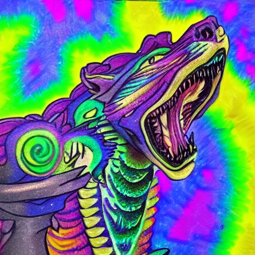 Prompt: a psychedelic husky dragon breathing fire