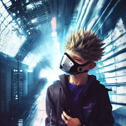 Image similar to realistic killua zoldyck with mask, techwear, streetwear, cyberpunk style outfit, greg rutkowski, artgerm, ross tran, takato yomamoto, wlop, ilya kuvshinov, intricate complexity, detailed portrait, 4 k, cinematic lighting, artstation, sharp focus, smooth, hd, hdr, award winning, octane render