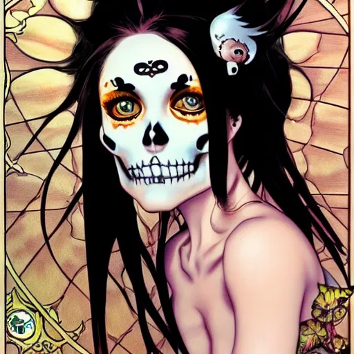 Image similar to anime manga skull portrait girl face painting by trevor brown detailed highres 4k Mucha and James Jean pop art nouveau