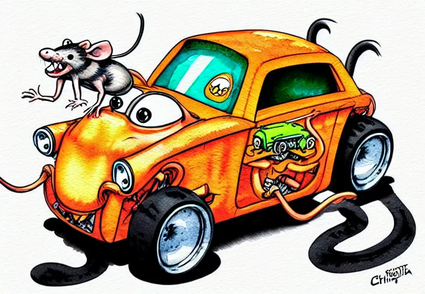 Image similar to cute and funny, rat riding in a tiny hot rod coupe with oversized engine, ratfink style by ed roth, centered award winning watercolor pen illustration, isometric illustration by chihiro iwasaki, edited by range murata