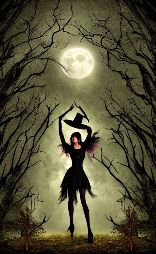Prompt: witch standing pose in an enchanted forest wearing high heels under a full moon, fantasy gothic art style