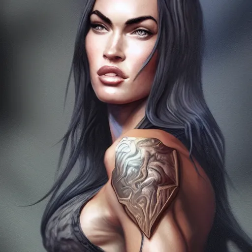 Image similar to portrait of megan fox, muscular upper body, fantasy, intricate, elegant, highly detailed, digital painting, artstation, concept art, matte, sharp focus, illustration, art by aenaluck and roberto ferri and greg rutkowski, epic fantasy, digital painting