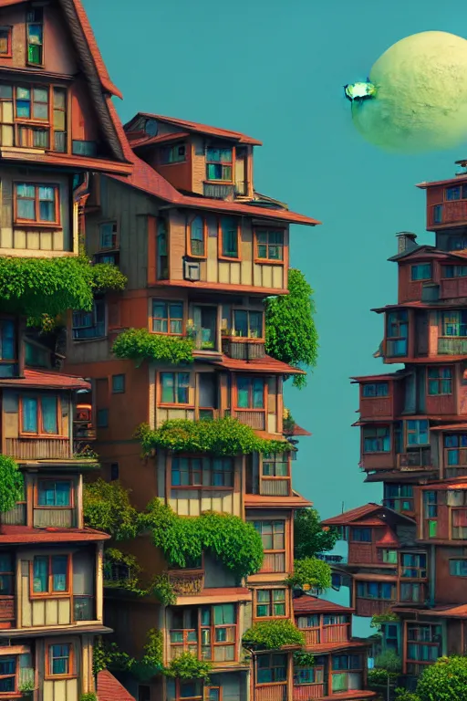 Image similar to stacked houses, solarpunk, francois schuiten, studio ghibli, octane render, 4 k