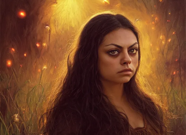 Image similar to big-eyed surprised Mila Kunis staring intensely into the camera, sundown golden hour firefly wisps, Lilia Alvarado, Sophie Anderson, Mark Arian, Bob Byerley, Charlie Bowater, Mark Brooks, Steve Henderson, Justin Gerard, Arthur Hughes, Edward Robert Hughes, Mark Keathley, Victor Nizovtsev, Carlos Shwabe, Ross Tran, WLOP